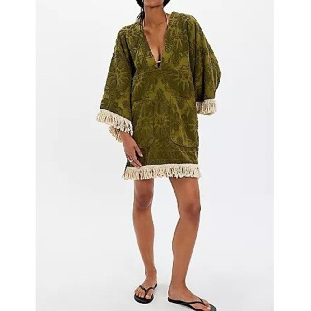 Spell Pomelia Terry Throw Over Dress Women Small Island Green Fringe Sun Organic